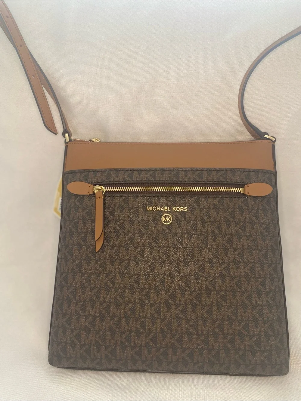 Michael Kors Brown Monogram Crossbody with Tan Trim and Gold Hardware